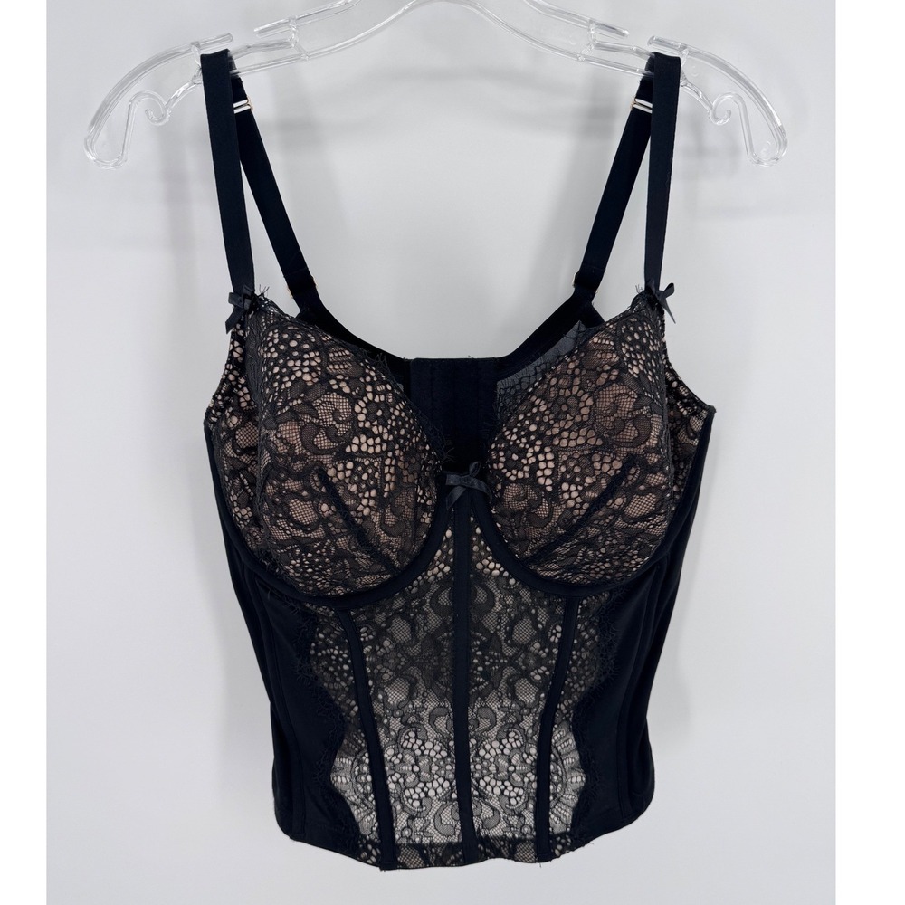 Cacique Longline Corset Bra Women 38DDD Black Lace Underwire Mesh Support‎